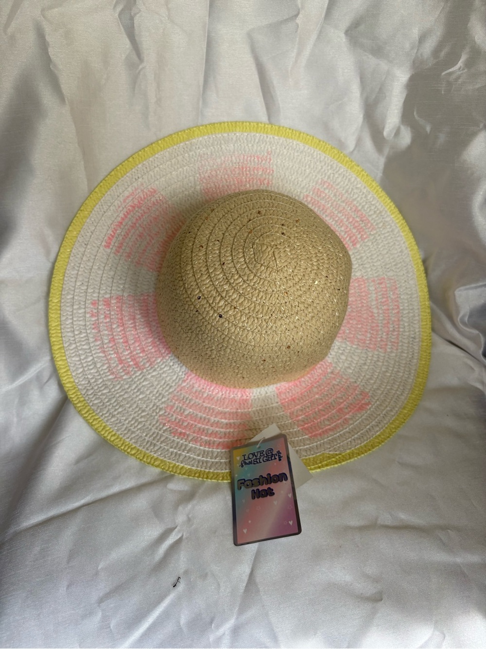 Fashion Hat Women’s Sun Hat - White, Pink & Yellow Straw. New